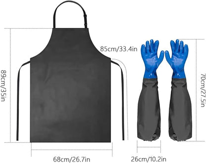 2 Pcs Waterproof Rubber Aprons (40 Inch Long) include 1 Pair 22 Inch Chemical Resistant Rubber Gloves - Adjustable Straps for BBQ, Butcher, Cooking, Kitchen, Grilling & Fishing