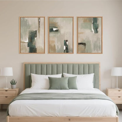 Large Abstract Green Brown Framed Canvas Wall Art,Modern Brush Stoke Wall Decor,Neutral Beige Grey Painting,Rustic Minimalist Artwork for Living Room,Bedroom,Dining Room,Office -24"x36"x3