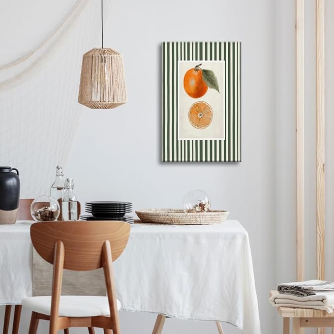 Vintage Green Striped Orange Fruit Canvas Wall Art Modern Farmhouse Botanical Kitchen Food Prints Posters Minimalist Colorful Aesthetic Pictures Boho Decor for Bedroom Restaurant 24x36inch Unframed