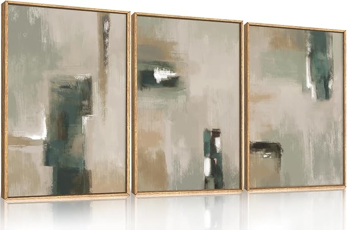 Large Abstract Green Brown Framed Canvas Wall Art,Modern Brush Stoke Wall Decor,Neutral Beige Grey Painting,Rustic Minimalist Artwork for Living Room,Bedroom,Dining Room,Office -16"x24"x3