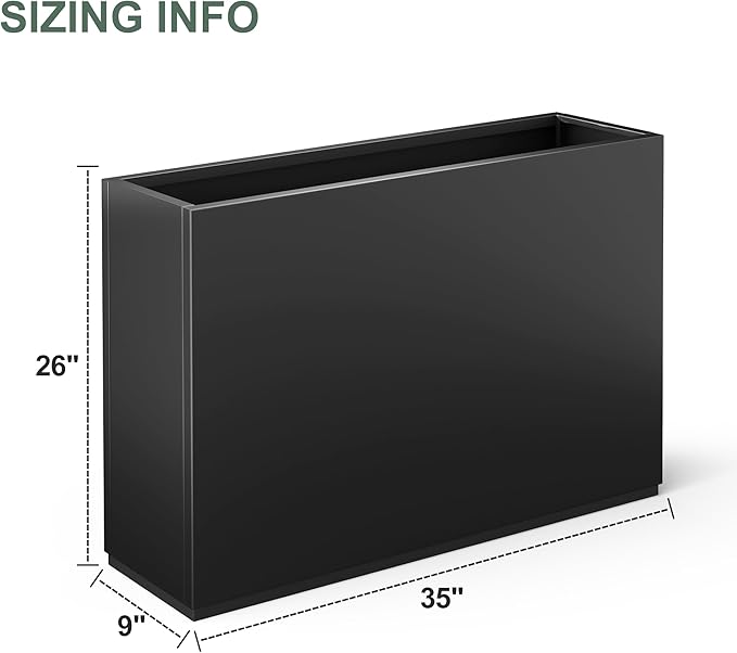 Tall Rectangular Planter Box for Outdoor Plants, Large Metal Black Planters for Patio Porch, Modern Decor for Plants,with Drainage Holes (35" L x 9" W x 26" H)