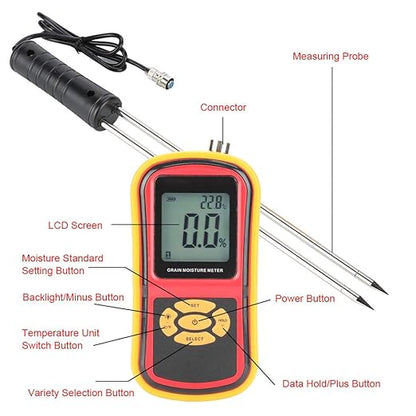 GM640 Grain Moisture Meter, Portable Digital Moisture Temperature Tester with LCD Backlit for Corn Bean Grain Purchase, Storage, Processing