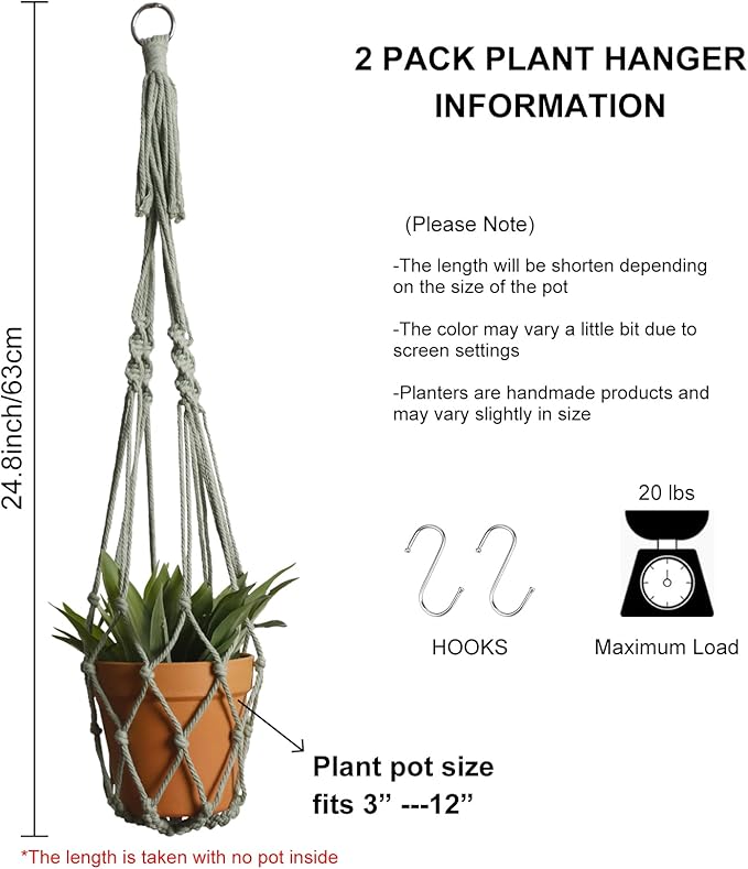 Artilady Macrame Hanging Planter for Indoor Plants, Boho Woven Plant Hanger Large Hanging Flower Pot Holders Outdoor Baskets Storage No Tassels Sage Green Wall Decor