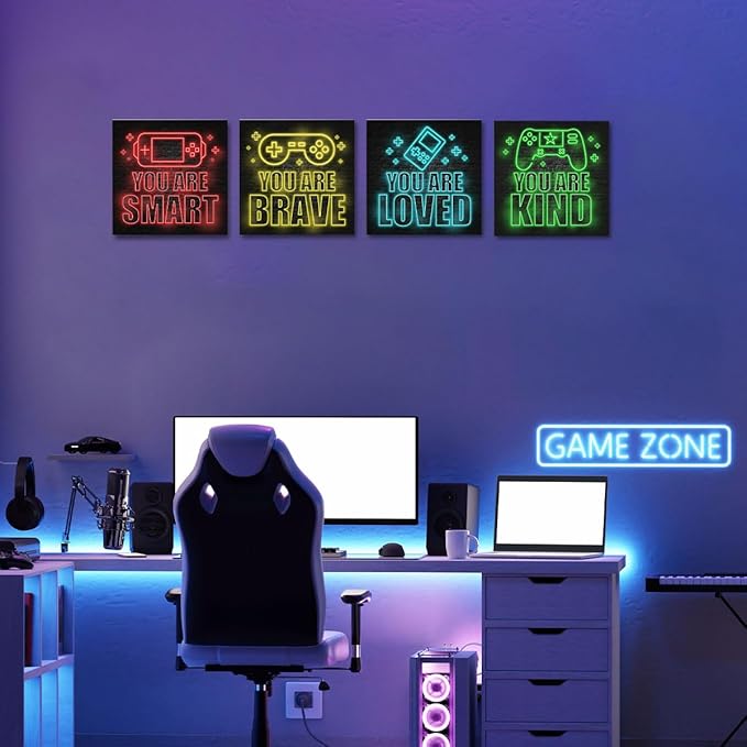 4 PCs Neon Gaming Wall Decor Canvas Wall Art Framed Art Game Room Decor Boys Room Decor Gaming Posters, Gamer Room Decor for Boys, Artwork for Walls Video Game Room Playroom Boys Bedroom Home Decor