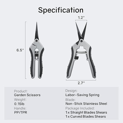 6.5" Ultra Sharp Pruning Shears, 2-Pack Garden Scissors with Stainless Steel Blades, Ergonomic Grip, Rust Resistant, Safety Lock, Trimming Scissors for Plants (1pc Straight & 1pc Curved)