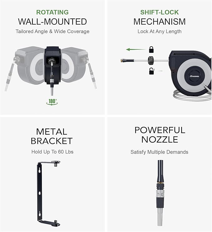 Wall Mount Retractable Garden Hose Reel, 50 ft, Automatic Self-Retracting, Metal Mounting Bracket, 1/2 Inch Hose Included