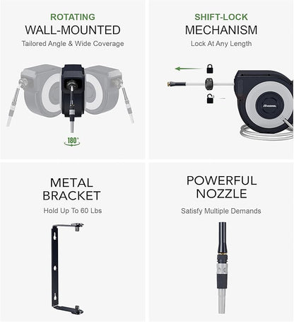 Wall Mount Retractable Garden Hose Reel, 50 ft, Automatic Self-Retracting, Metal Mounting Bracket, 1/2 Inch Hose Included