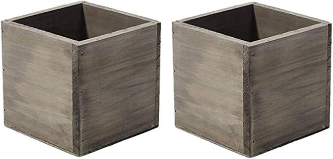 4" Square Rustic Wood Planters with Plastic Liner - Set of 2