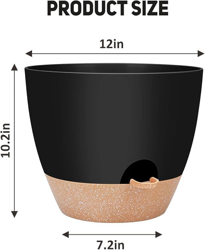 12 inch Large Self Watering Plant Pots, Flower Pots Planters with Multi Mesh Drainage Holes for Indoor Outdoor Garden Plants and Flowers.（Black）