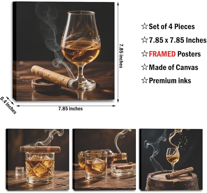 Whiskey & Cigar Framed Canvas Wall Art Set of 4, Modern bar pictures Artworks for Wall Decor, Liquor Still Life Glass Smoke Decor for Kitchen Bar Pub Home, 7.9"x7.9"