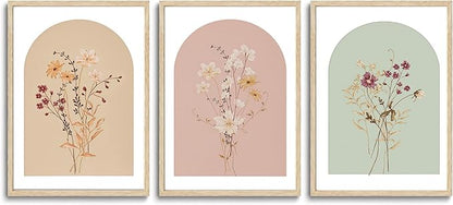 CHMMART 3 Piece Boho Wildflower Framed Wall Art Floral Botanical Canvas Art Prints Flower Pictures Wall Decor Minimalist Painting Artwork for Living Room Bedroom Bathroom 12x16in