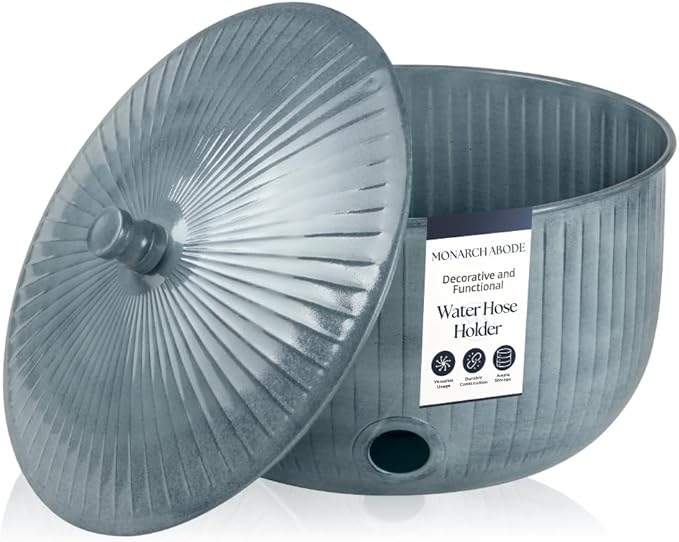 Monarch Abode Garden Hose Holder with Lid – Decorative Water Hose Holders for Outside, Ridge Embossed Metal Patina Pot with Drainage, 100ft Waterhose Holder for Outside, Garden Storage Caddy