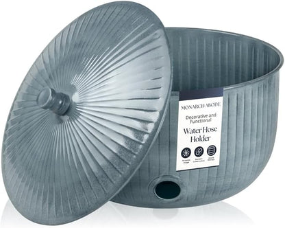 Monarch Abode Garden Hose Holder with Lid – Decorative Water Hose Holders for Outside, Ridge Embossed Metal Patina Pot with Drainage, 100ft Waterhose Holder for Outside, Garden Storage Caddy