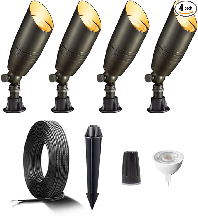 Gardenreet Brass Landscape Lighting Kit (4 Pack Spotlights) with 100 Feet Cable and 20Pack Wire Connectors for Outdoor House Garden Patio Without Low Voltage Transformer