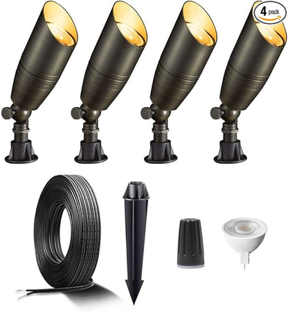 Gardenreet Brass Landscape Lighting Kit (4 Pack Spotlights) with 100 Feet Cable and 20Pack Wire Connectors for Outdoor House Garden Patio Without Low Voltage Transformer