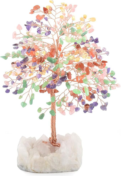 Chakra Crystal Tree of Life Natural Gemstone Healing Crysals(406 Stone Count) with Clear Quartz Base,Fengshui Decor Money Tree,Positive Energy Lucky Gift Height 8.5-9 Inches