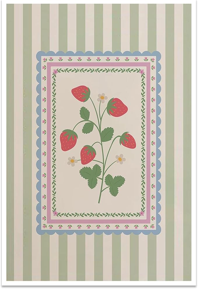 Vintage Green Striped Strawberry Canvas Prints Painting Trendy Botanical Flowers Posters Cute Fruit Cottagecore Wall Art Farmhouse Boho Aesthetic Pictures Decor for Kitchen Bedroom 20x30inch Unframed