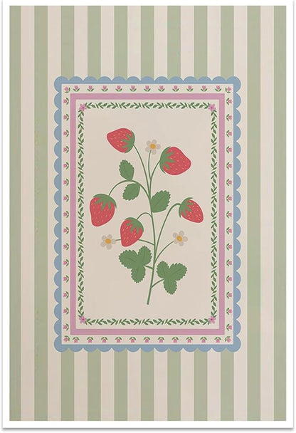 Vintage Green Striped Strawberry Canvas Prints Painting Trendy Botanical Flowers Posters Cute Fruit Cottagecore Wall Art Farmhouse Boho Aesthetic Pictures Decor for Kitchen Bedroom 24x36inch Unframed