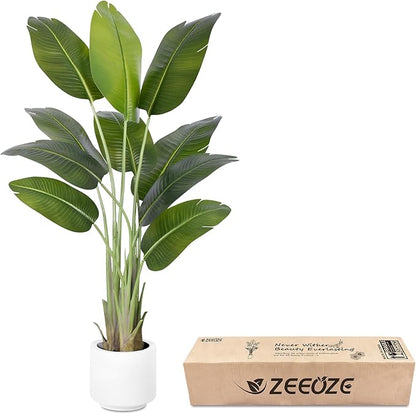 Artificial Bird of Paradise Plant 5Ft Tall Fake Tropical Palm Tree Large Fake Plants with 10 Silk Banana Leaves Faux Plant Indoor Decor Trees with White Pot for Home Bedroom Living Room Office