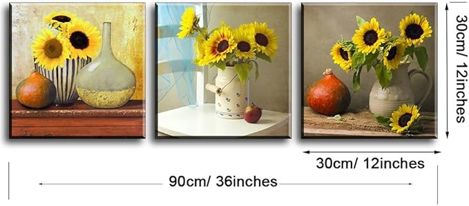 Sunflower Kitchen Wall Decor, SZ HD Still Life Oil Painting Canvas Art Prints of Bright Blooming Floral Illustration (Set of 3, Waterproof Artwork, 1" Thick Frame, Bracket Mounted Ready to Hang)