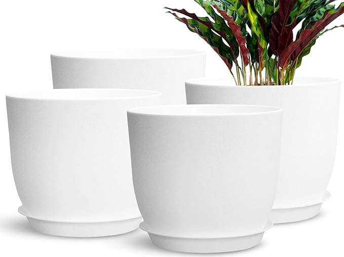4Pack 8 Inch Flower Pots Planters for Indoor Outdoor Plastic Plant Pots with Drainage Hole and Saucers Modern Decorative Garden Pot, White