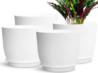 4Pack 8 Inch Flower Pots Planters for Indoor Outdoor Plastic Plant Pots with Drainage Hole and Saucers Modern Decorative Garden Pot, White