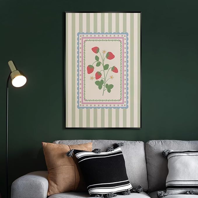 Vintage Green Striped Strawberry Canvas Prints Painting Trendy Botanical Flowers Posters Cute Fruit Cottagecore Wall Art Farmhouse Boho Aesthetic Pictures Decor for Kitchen 16x24inch Metal Black Frame