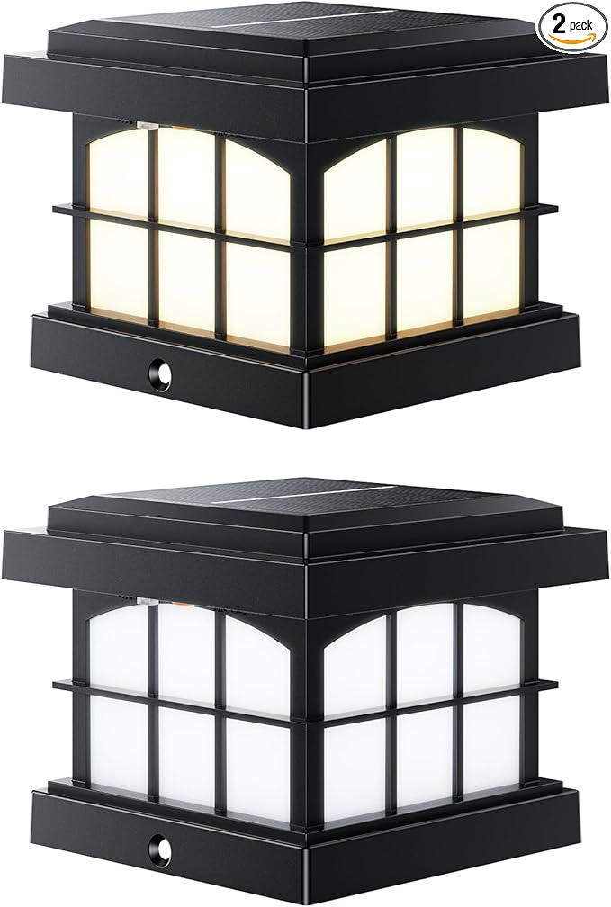 PARTPHONER RGBCW Solar Post Cap Lights 2-Pack, 9 Colors 3 Modes Fence Cap Lights, Bright Solar Outdoor Waterproof LED Deck Lighting for Fence Garden Deck Patio Porch Decor 4x4 Vinyl/Wood, Black