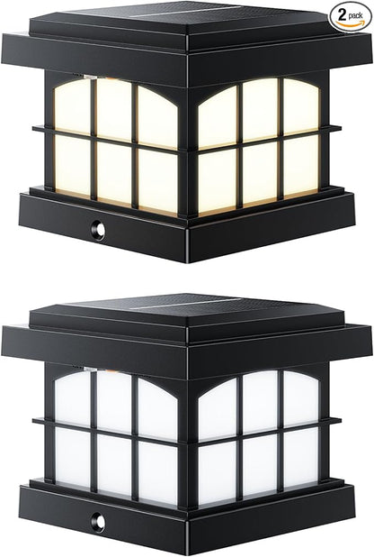 PARTPHONER RGBCW Solar Post Cap Lights 2-Pack, 9 Colors 3 Modes Fence Cap Lights, Bright Solar Outdoor Waterproof LED Deck Lighting for Fence Garden Deck Patio Porch Decor 4x4 Vinyl/Wood, Black