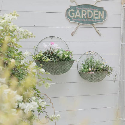 2-Piece Green Metal Planter Wall Hanging Baskets Decor Half-Moon Wall Mount Planter Set for Shabby Chic Farmhouse Outdoor Indoor Wall Decor