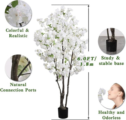 Large Artificial Cherry Blossoms Tree Indoor Faux Cherry Blossom Tree White 6FT Bedroom Trees for Home Christmas New Year Decor