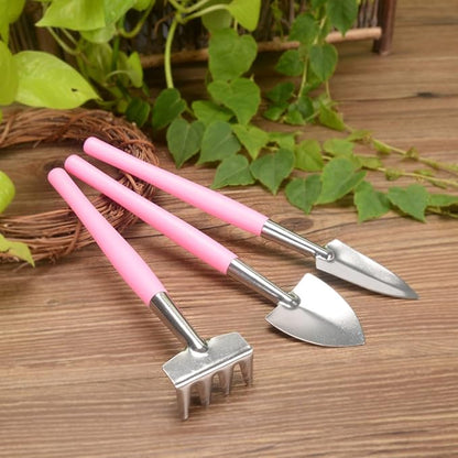 Mini Garden Tool Set 3pcs Iron Shovel Rake Hand Tools for Potted Plants Pink Gardening Weeding Transplanting Kit