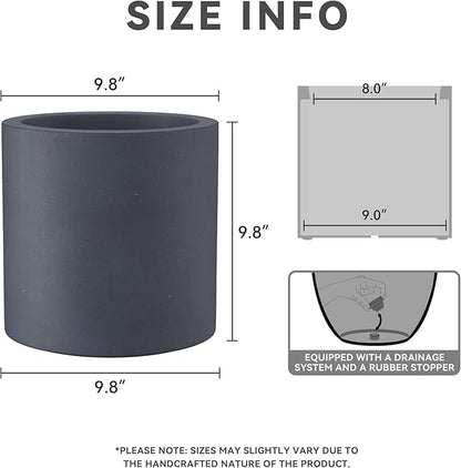 Kante 9.8" Dia Round Concrete Planter, Modern Style Large Cylindrical Plant Pot with Drainage Hole and Rubber Plug for Indoor Outdoor Patio, Charcoal