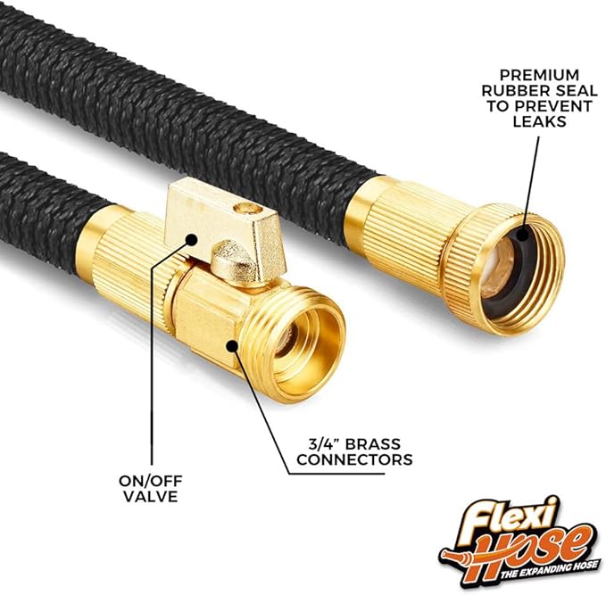 Flexi Hose Plus Expandable Garden Hose with 8 Function Nozzle, 50FT - Lightweight Retractable Garden Hose, Water Hose - No-Kink Flexibility, 3/4 Inch Solid Brass Fittings Includes Hook & Bag