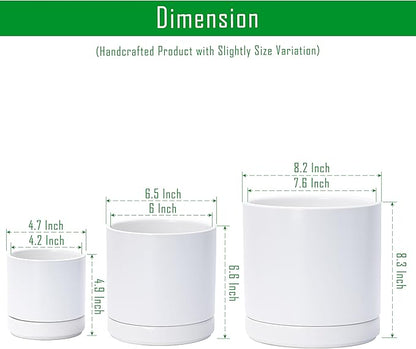 D'vine Dev 4 Inch & 6 Inch & 8 Inch, Set of 3 Round Ceramic Planter Pot with Drainage Hole and Saucer, White, 94-T-M-1