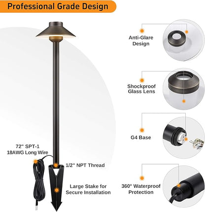 Gardenreet Low Voltage Landscape Lighting Brass, 12v Pathway Lights Waterproof, Hard Wired Path Light Outdoor, Bronze for Exterior Area Patio House with 3W 270LM 3000K Warm White G4 Bulb (4 Pack)