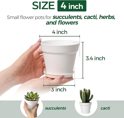 T4U 4 Inch Plant Pots 8-Pack, Small Flower Pots with Drainage Hole and Saucer, Decorative Nursery Pot Bulk for African Violet, Snake Plant, Succulent, Herb and Plants Indoor (8 Pcs 4" Pots, White)