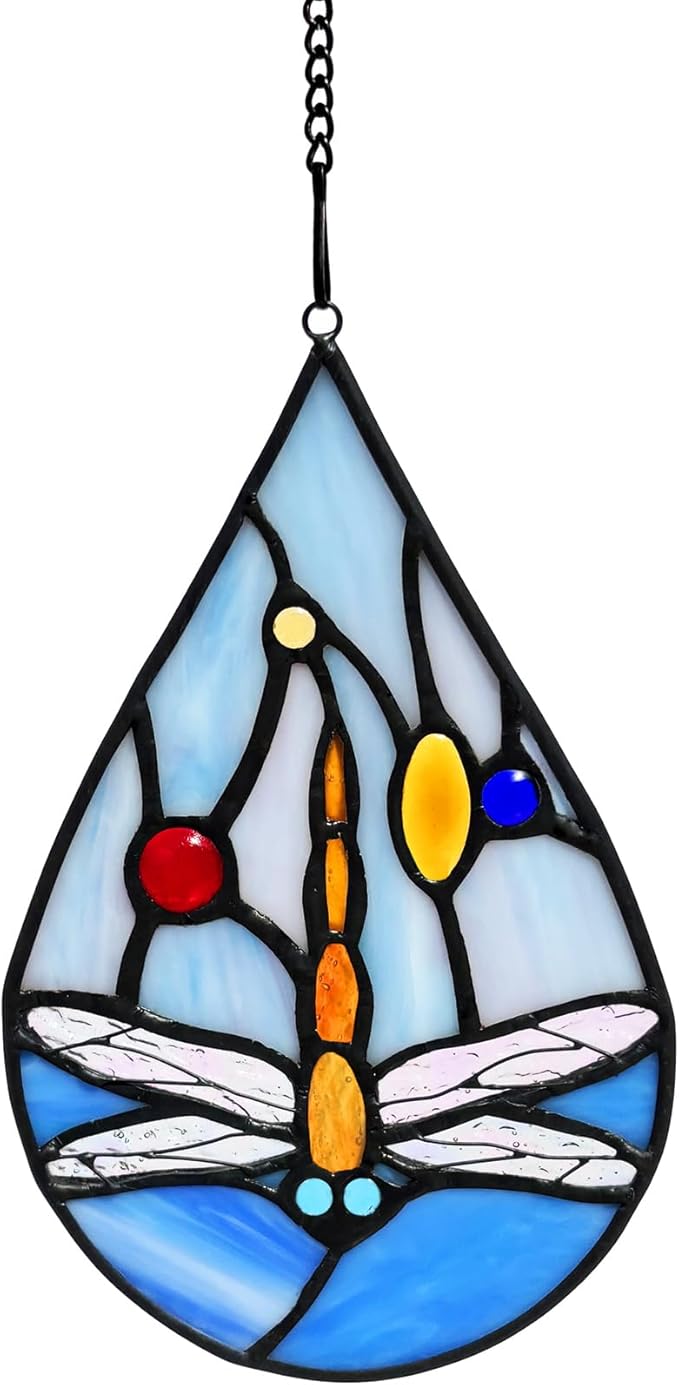 Dragonfly Stained Glass Window Hangings Suncatcher, Tiffany Style Stained Glass Dragonfly Ornament Decor Gifts for Women Mom, Wedding Birthday Christmas Celebration Gifts.