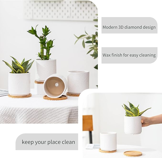 4 Inch Ceramic Planter with Drainage Hole and Saucer, Geometry Design Succulent Plant Pots, Flower Pot for Indoor & Outdoor Snake Plant Succulent Cactus & Herbs, Set of 4 (Plants Not Included )