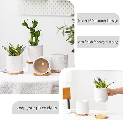 4 Inch Ceramic Planter with Drainage Hole and Saucer, Geometry Design Succulent Plant Pots, Flower Pot for Indoor & Outdoor Snake Plant Succulent Cactus & Herbs, Set of 4 (Plants Not Included )