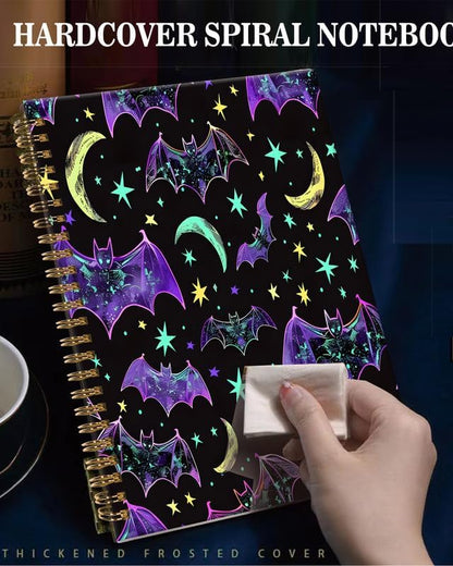 Spiral Journal Notebook,A5 Hardcover Lined Journals for Women Girl 6 x 8.3 in,120 Pages Thick Paper,Cute College Ruled Writing Notebook for Gifts Office Work School(Purple Bats Star)