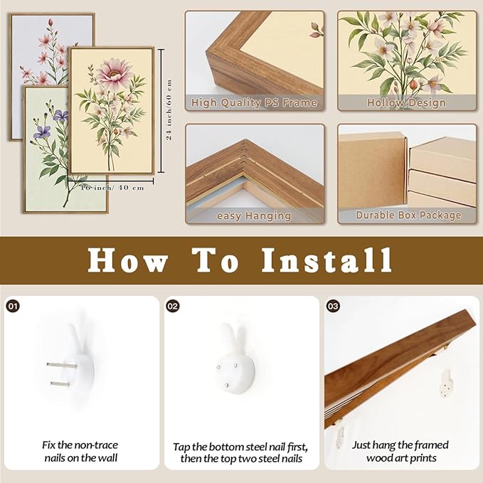 Floral Wall Art Wildflower Wall Decor Framed Botanical Painting 16x24 Inch Set of 3 for Living Room Bedroom Dining Room