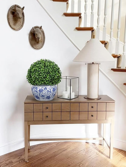 DILATATA Artificial Topiary Boxwood Ball in Blue and White Ceramic Pot, 13 Inch Artificial Boxwood in Planters Decorative Fake Greenery for Table Centerpiece Indoor Plant Home Decor - Large