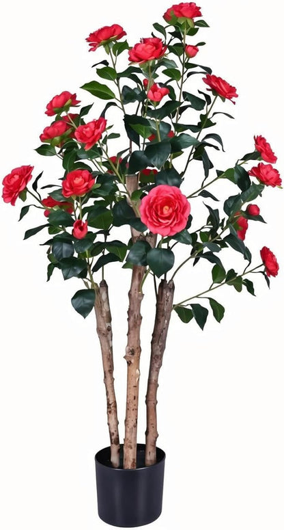 4ft Decorative Artificial Camellia Tree with Red Flowers, Potted Faux Floral Plant, Realistic Blooming Fake Plants for Indoor Outdoor Home Front Door Planter Decor