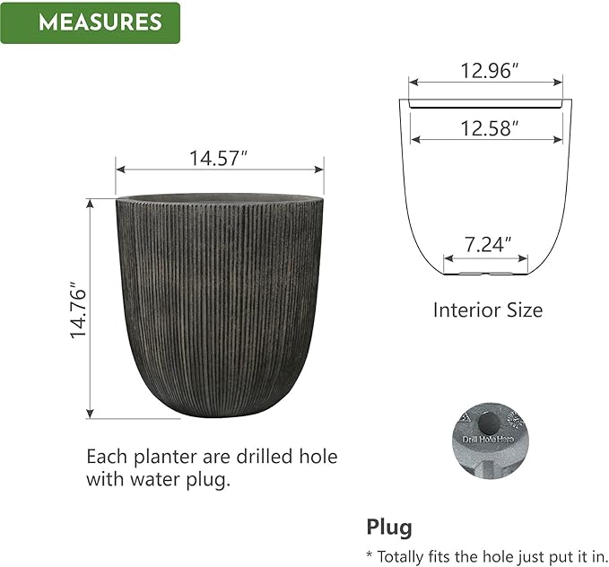 14.8"H Tall Round Plastic Planter for Indoor Outdoor Plants, Large Indoor Outdoor Plant Pots with Drainage Hole and Plug, Flower Pots for Plants, Modern Planter for Home Garden Patio,Vintage Black