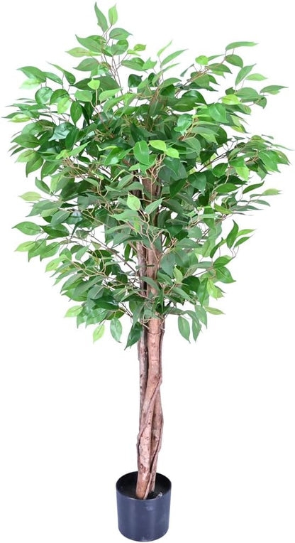 5ft Decorative Fake Ficus Tree Indoor, Artificial Trees Indoor for Home Decor, Potted Faux Tree Plant with Realistic Silk Leaves, Natural Triple Wood Trunk for Outdoor, Office