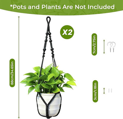 Macrame Plant Hanger, Up to 4-15 inch Pots, Wood Beads Cotton Hanging Planter Holder for Indoor Outdoor Boho Home Decor, 35 Inch, Set of 2 (Black)