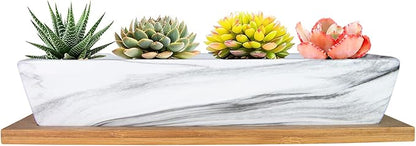 ARTKETTY Succulent Pots, 9.8 Inch Ceramic Succulent Planters with Drainage Small Bonsai Pot with Bamboo Tray, Mini Cactus Flower Planter Pot Shallow Rectangular Window Planters for Indoor Plants