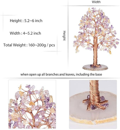 Natural Healing Crystal Tree of Prosperity Wire Wrapped on Agate Base Handmade Money Tree Bonsai Home Office Decoration for Good Luck, Amethyst and Citrine
