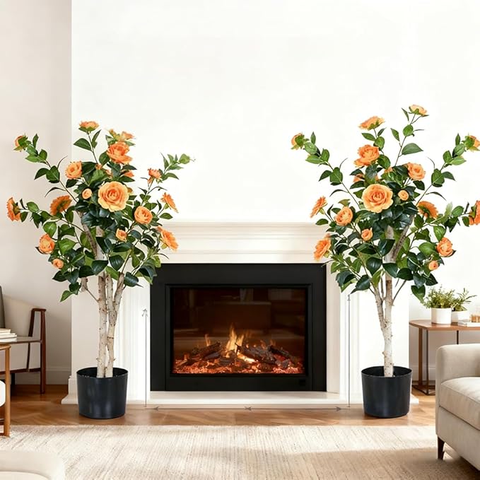 2pc 4ft Decorative Artificial Camellia Tree with Orange Flowers, Potted Faux Floral Plant, Realistic Blooming Fake Plants for Indoor Outdoor Home Front Door Planter Decor